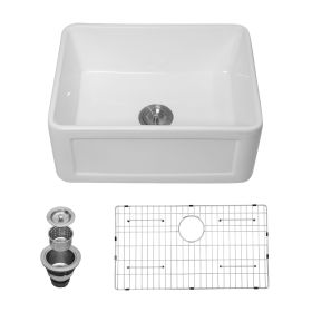 White Undermount Farmhuose Ceramic Kitchen Sink, Deep Apron Single Bowl Farm Sink with Bottom Grid (size: 24"x18")